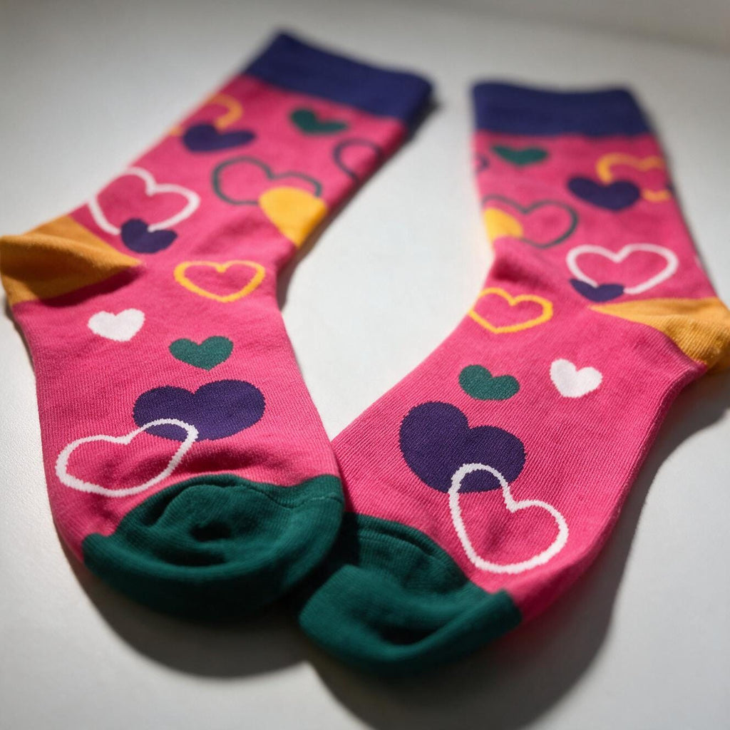 Colorful Heart Print Crew Socks | Fun Pink Gift Socks for Her