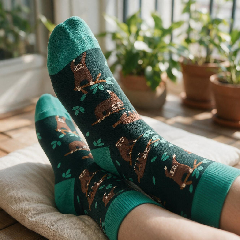 Sloth Print Crew Socks | Green & Teal Animal Pattern (One Size)