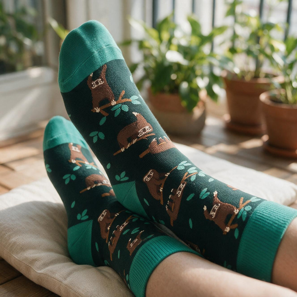 Sloth Print Crew Socks | Green & Teal Animal Pattern (One Size)