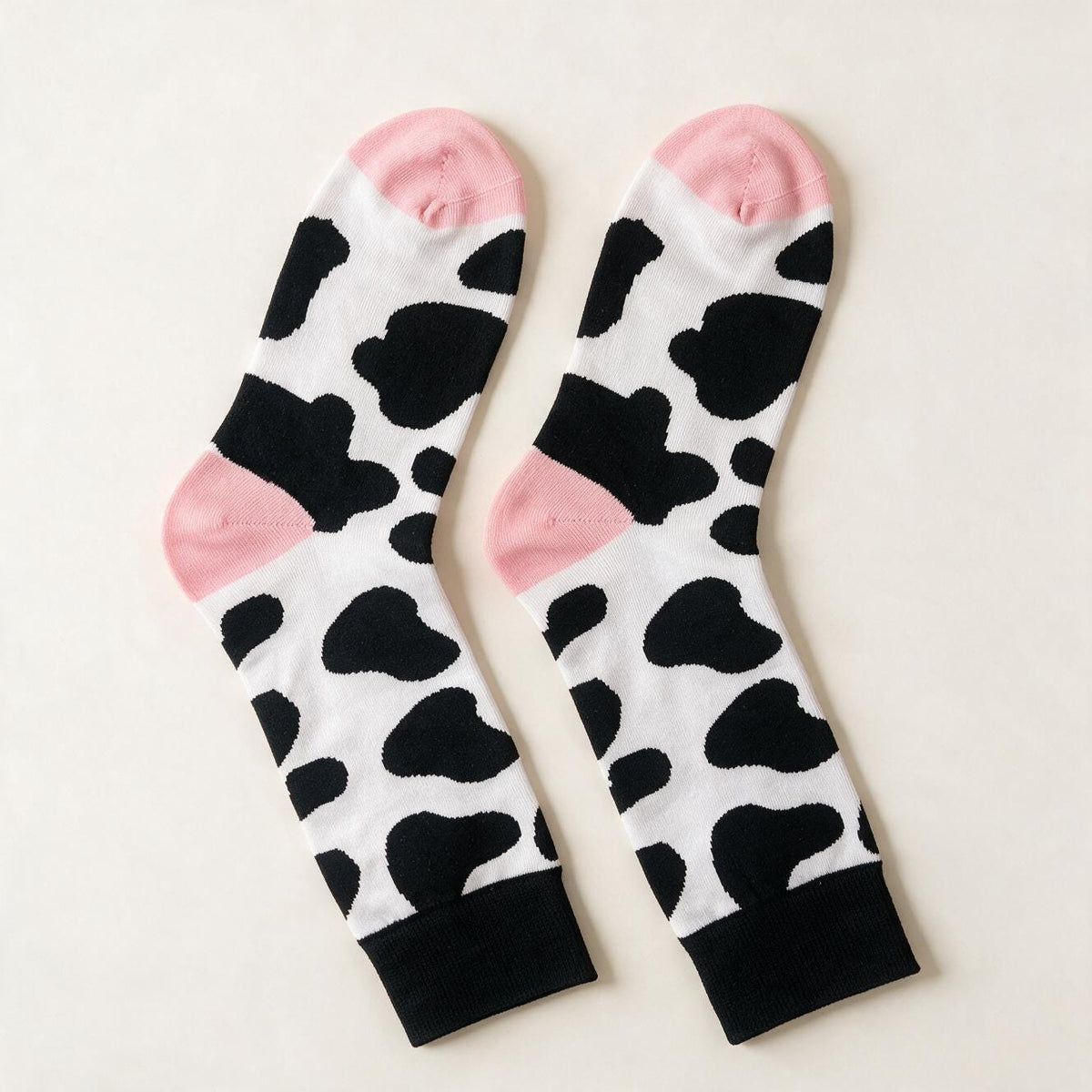 Cow Print Crew Socks | Black White Pink Heel Toe | Cotton Blend Novelty Socks