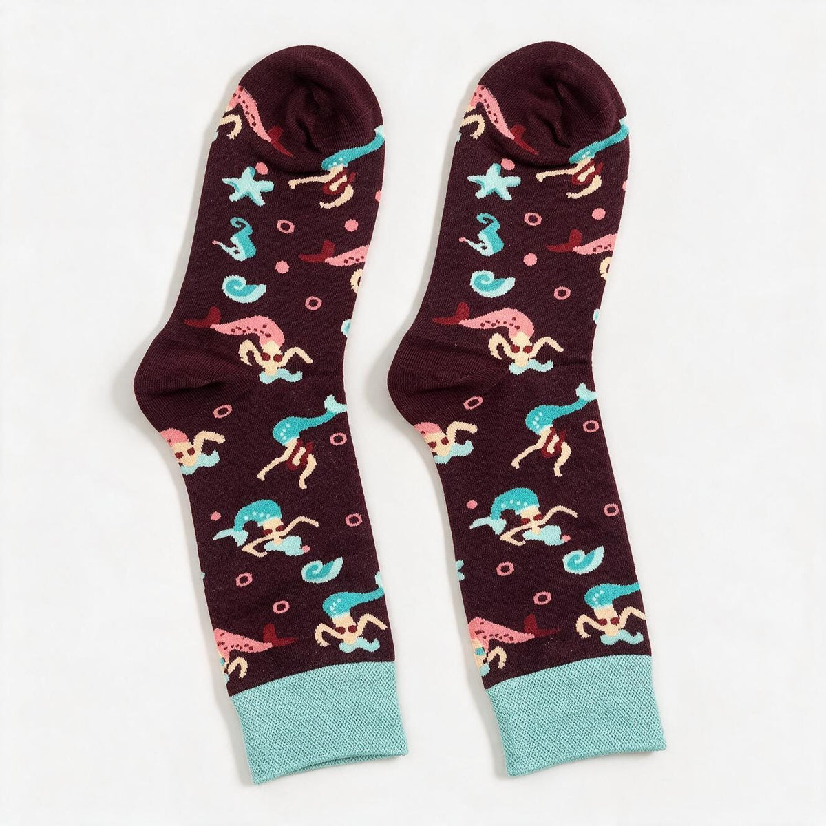 Mermaid Print Crew Socks | Burgundy Aqua Ocean Novelty (Cotton Blend)