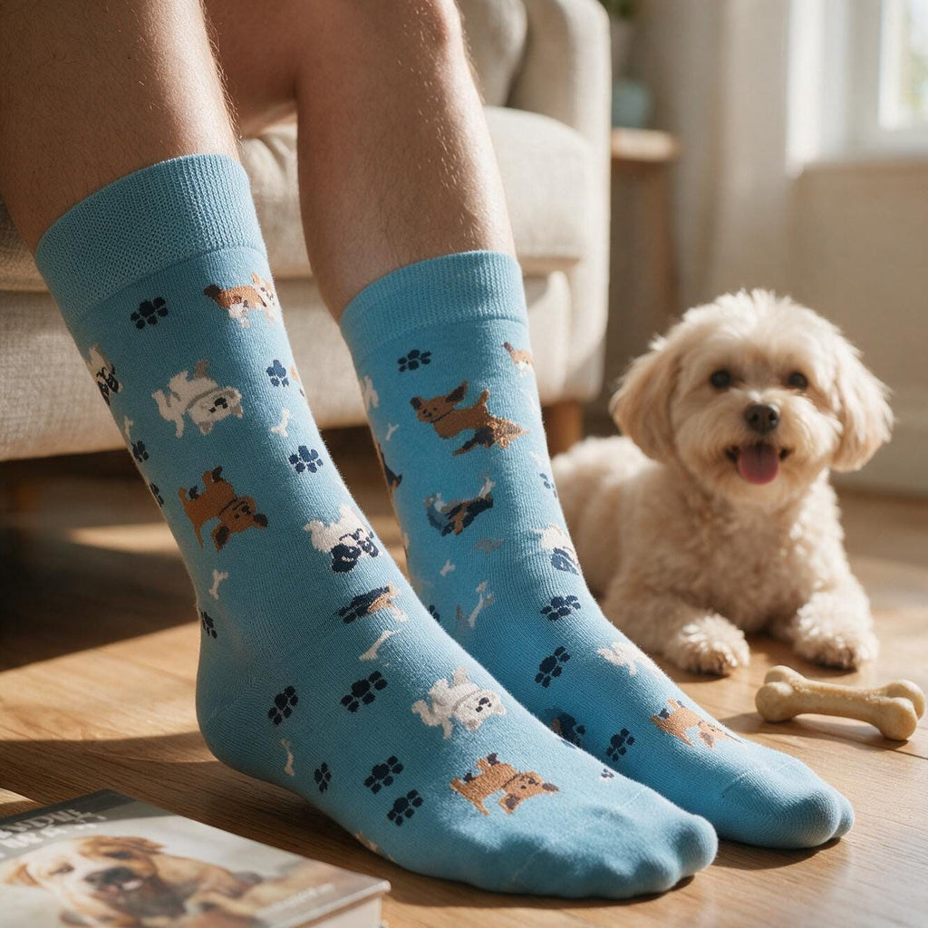 Sky Blue Puppy & Paw Print Crew Socks, Women's One Size