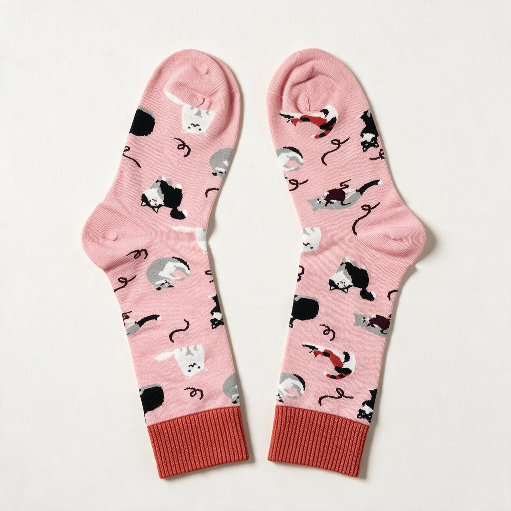 Pink Cat Print Crew Socks | Cotton Blend, Coral Cuff (One Size)