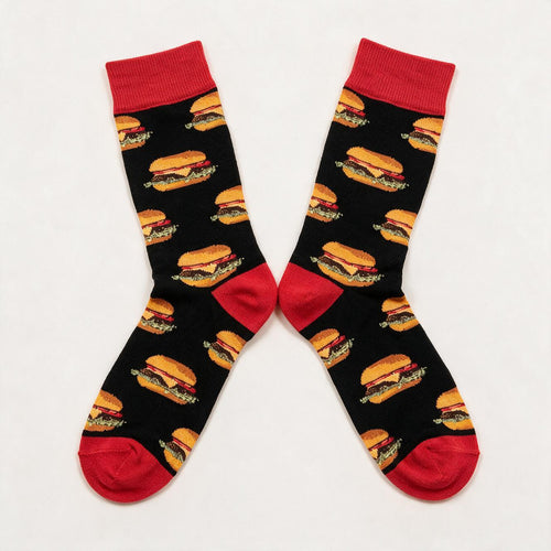 Cheeseburger Print Crew Socks for Men | Black & Red Novelty Burger Graphic Socks | Fun Food Print