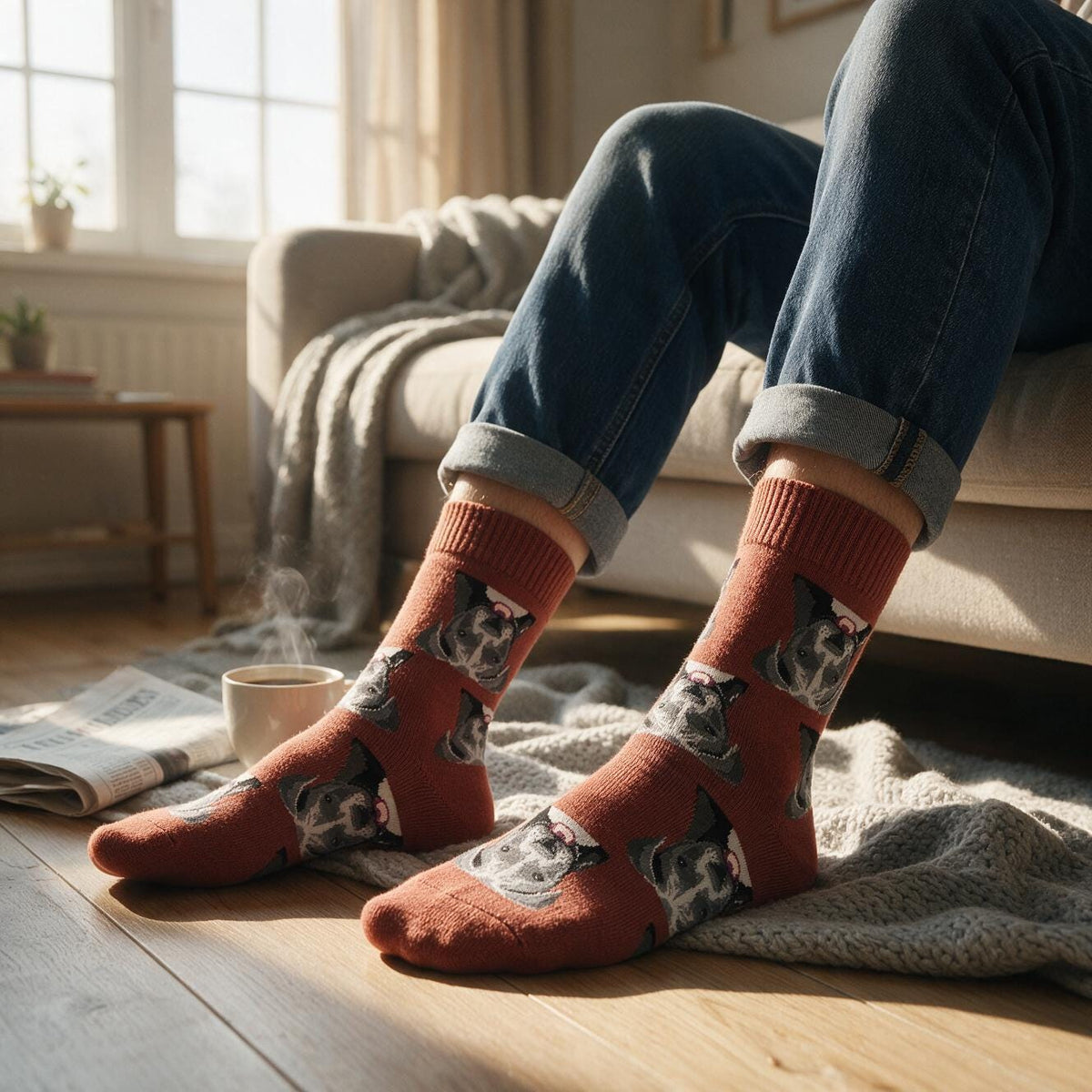 Bull Terrier Face Crew Socks | Rust Orange Dog Print (Unisex One Size)