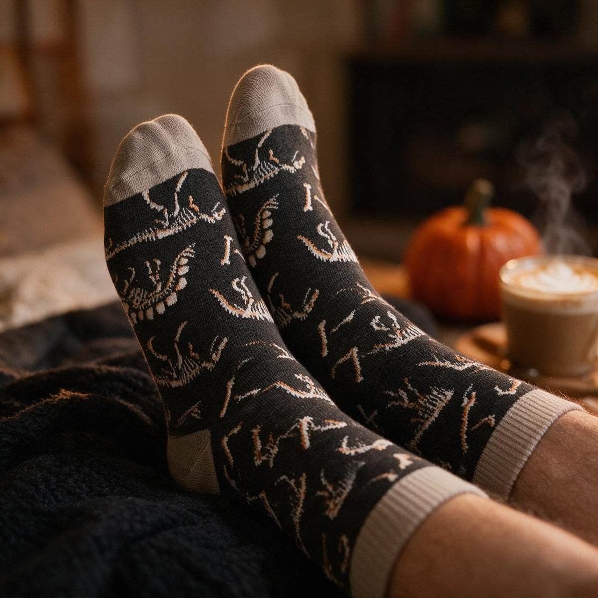 Dinosaur Fossil Print Crew Socks for Men | Brown Skeleton Bone Pattern | Fall Halloween Novelty Socks | One Size