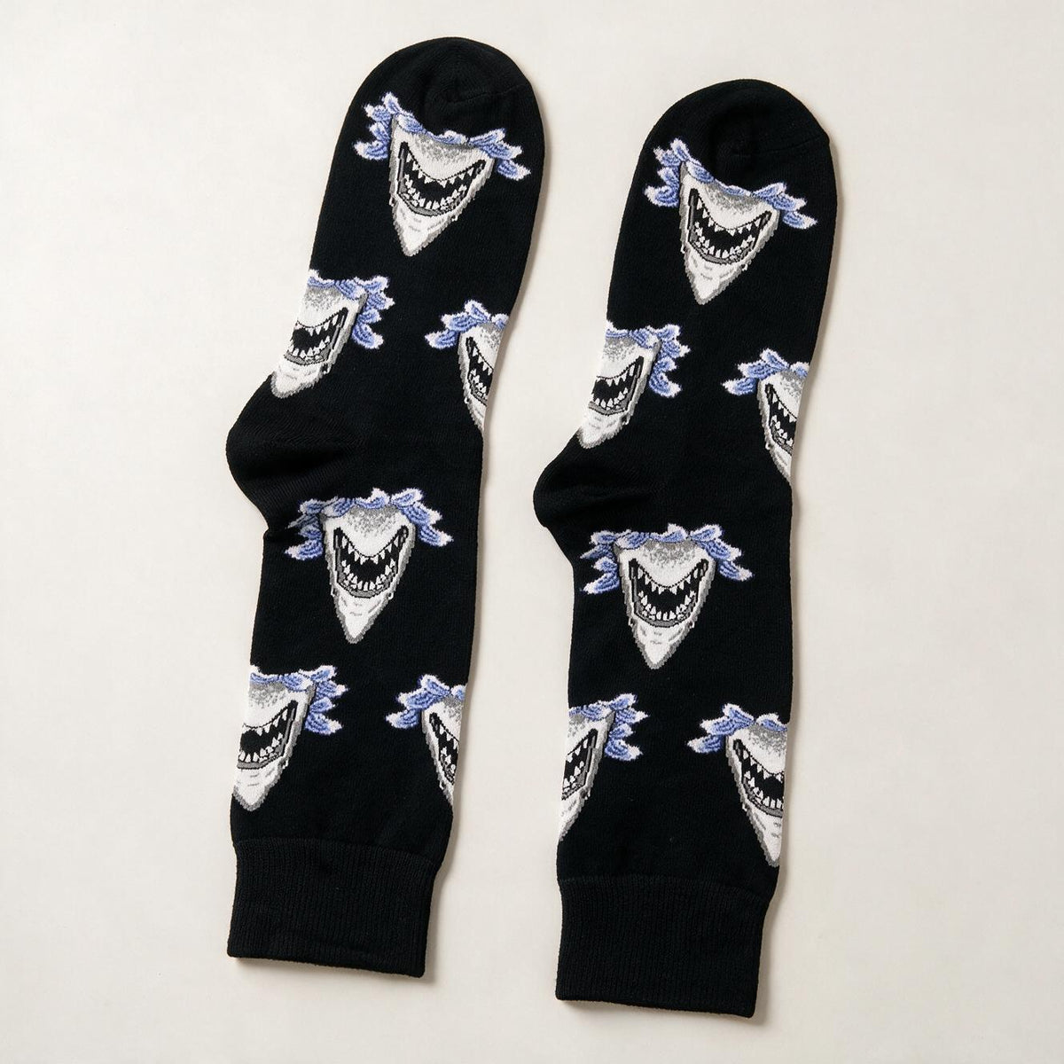 Shark Print Crew Socks | Black Novelty Socks with Toothy Shark Face Pattern | Unisex One Size Cotton Blend