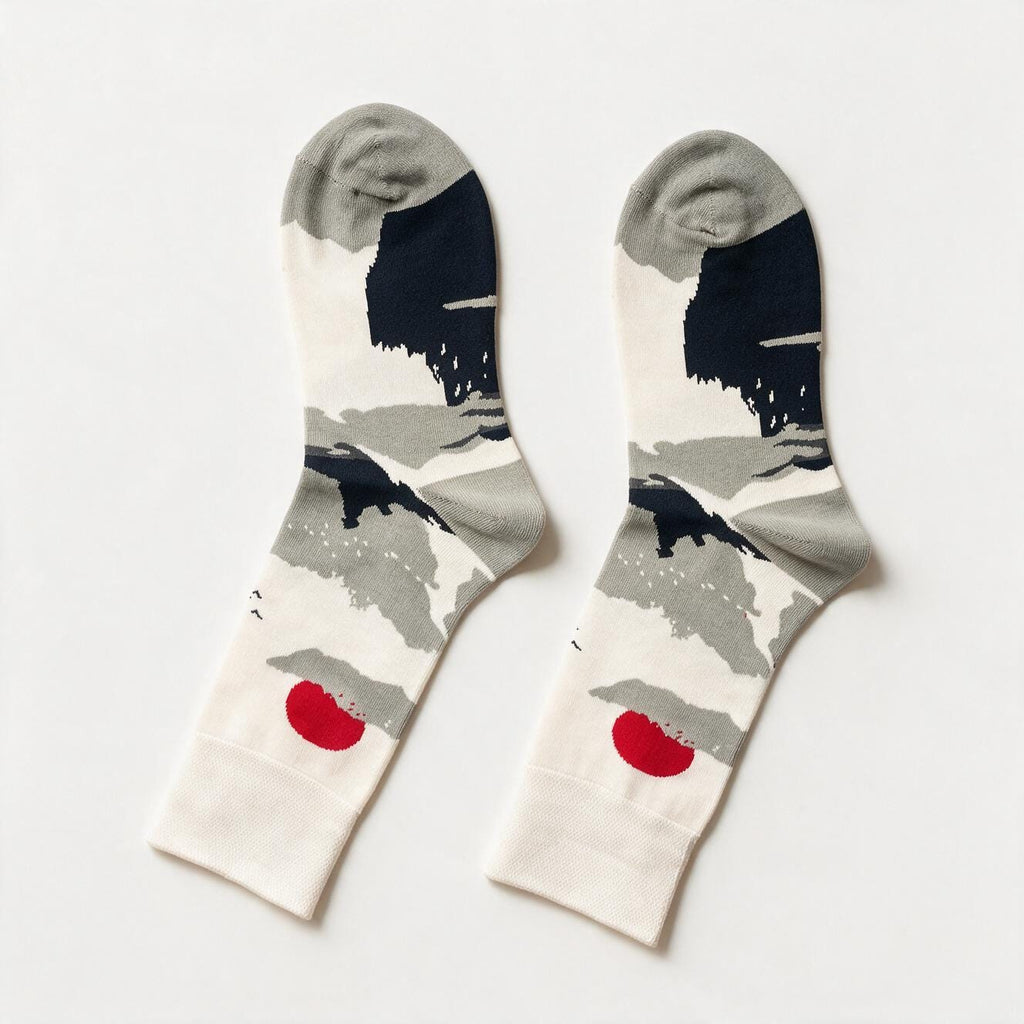 Mt. Fuji Sunrise Crew Socks – Red Sun, Crane & Mountain Print, Unisex Cotton Blend, One Size Fits Most