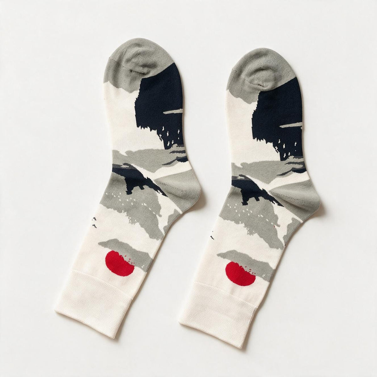 Mt. Fuji Sunrise Crew Socks – Red Sun, Crane & Mountain Print, Unisex Cotton Blend, One Size Fits Most