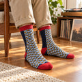 Wave Pattern Unisex Crew Socks | Navy Red Mustard Scallop Print | One Size Cotton Blend