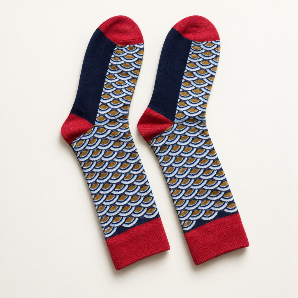 Wave Pattern Unisex Crew Socks | Navy Red Mustard Scallop Print | One Size Cotton Blend
