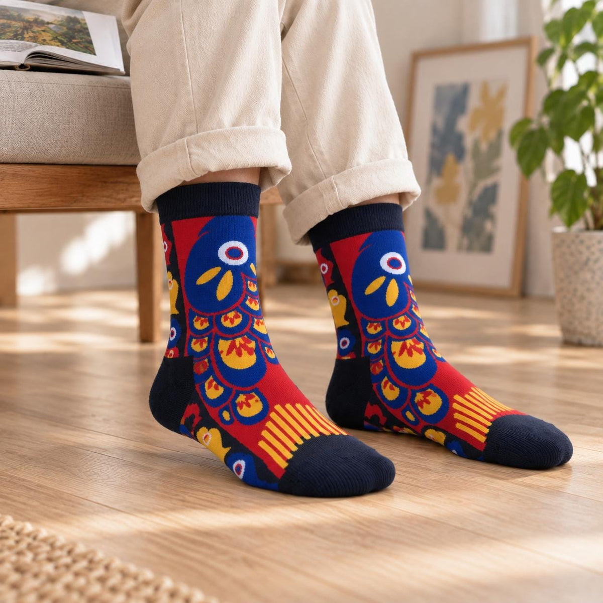 Colorful Fish Print Crew Socks, Red Blue Yellow Scale Pattern, Unisex Cotton Blend