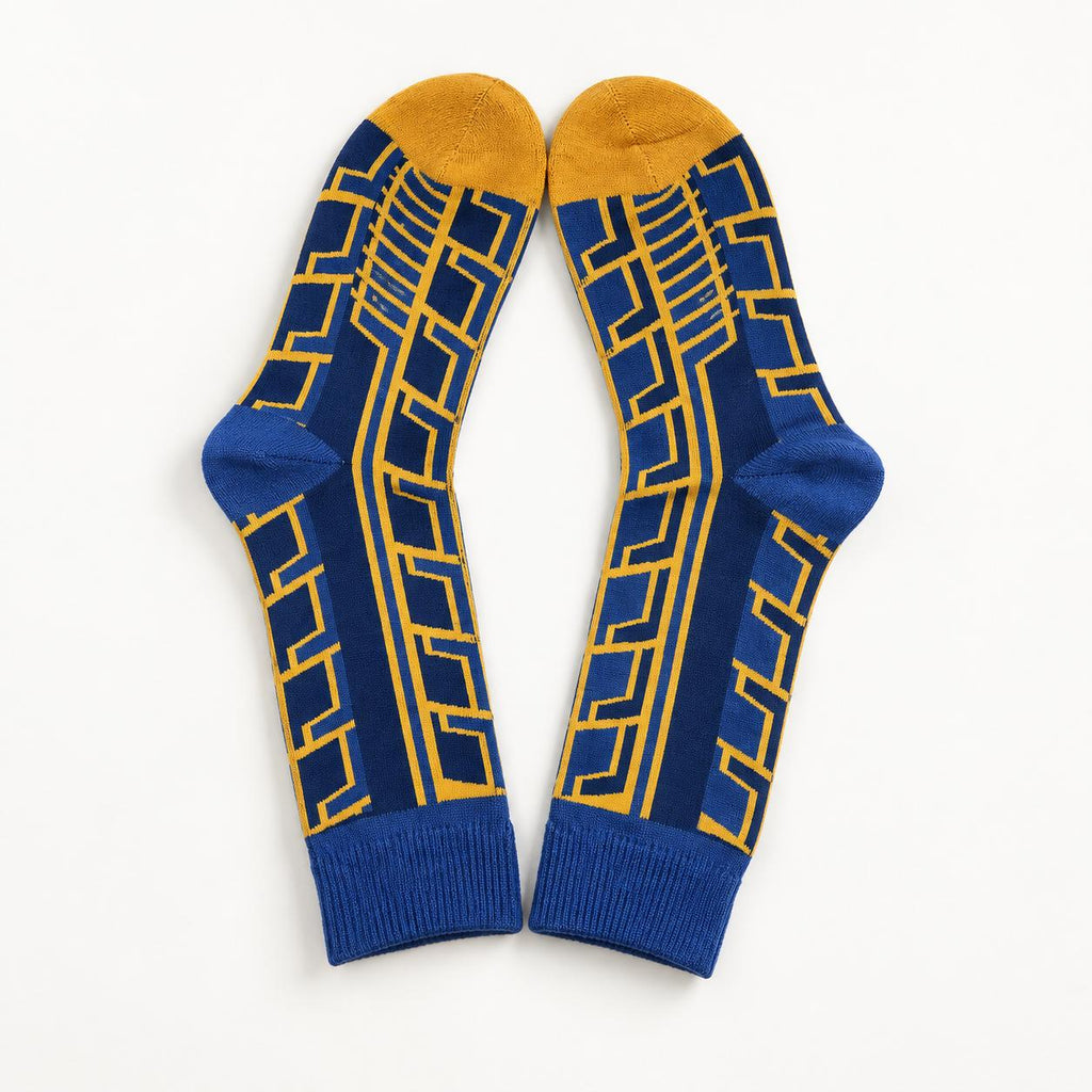 Sport Tire Tread Pattern Crew Socks | Unisex Blue & Yellow Colorblock Socks | One Size