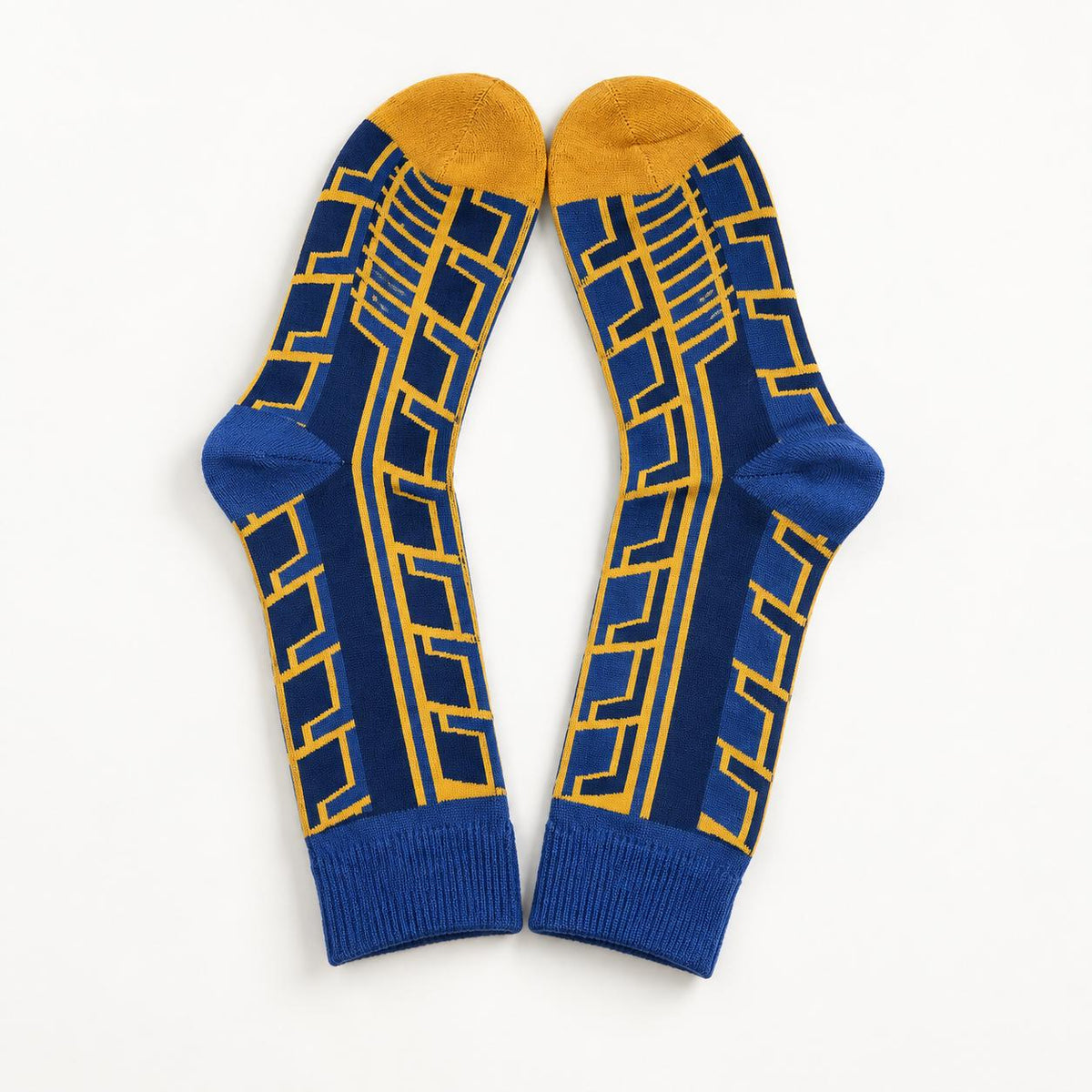 Sport Tire Tread Pattern Crew Socks | Unisex Blue & Yellow Colorblock Socks | One Size