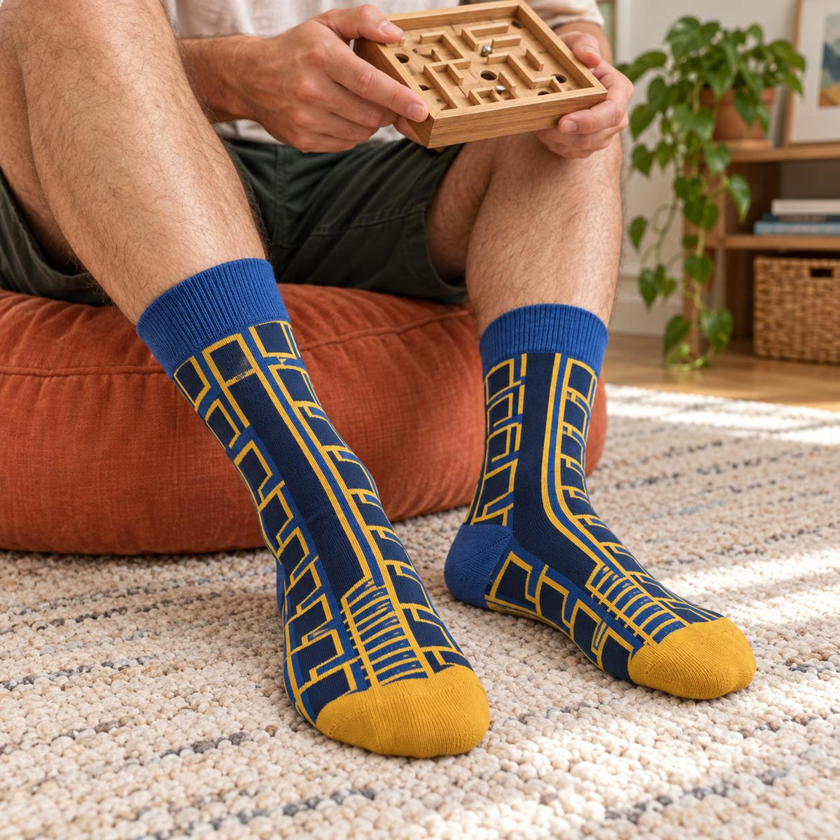 Sport Tire Tread Pattern Crew Socks | Unisex Blue & Yellow Colorblock Socks | One Size