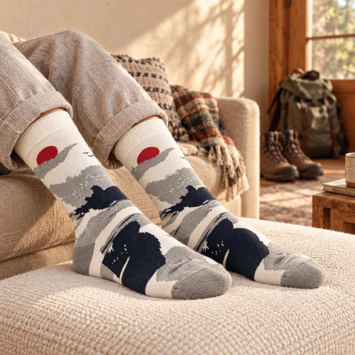 Mt. Fuji Sunrise Crew Socks – Red Sun, Crane & Mountain Print, Unisex Cotton Blend, One Size Fits Most