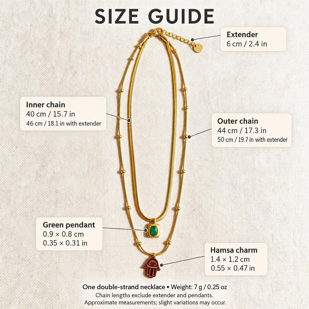 Layered Necklace Gold Tone, Snake Chain Green Pendant, Hamsa Charm Necklace, Boho Double Strand Gift for Her
