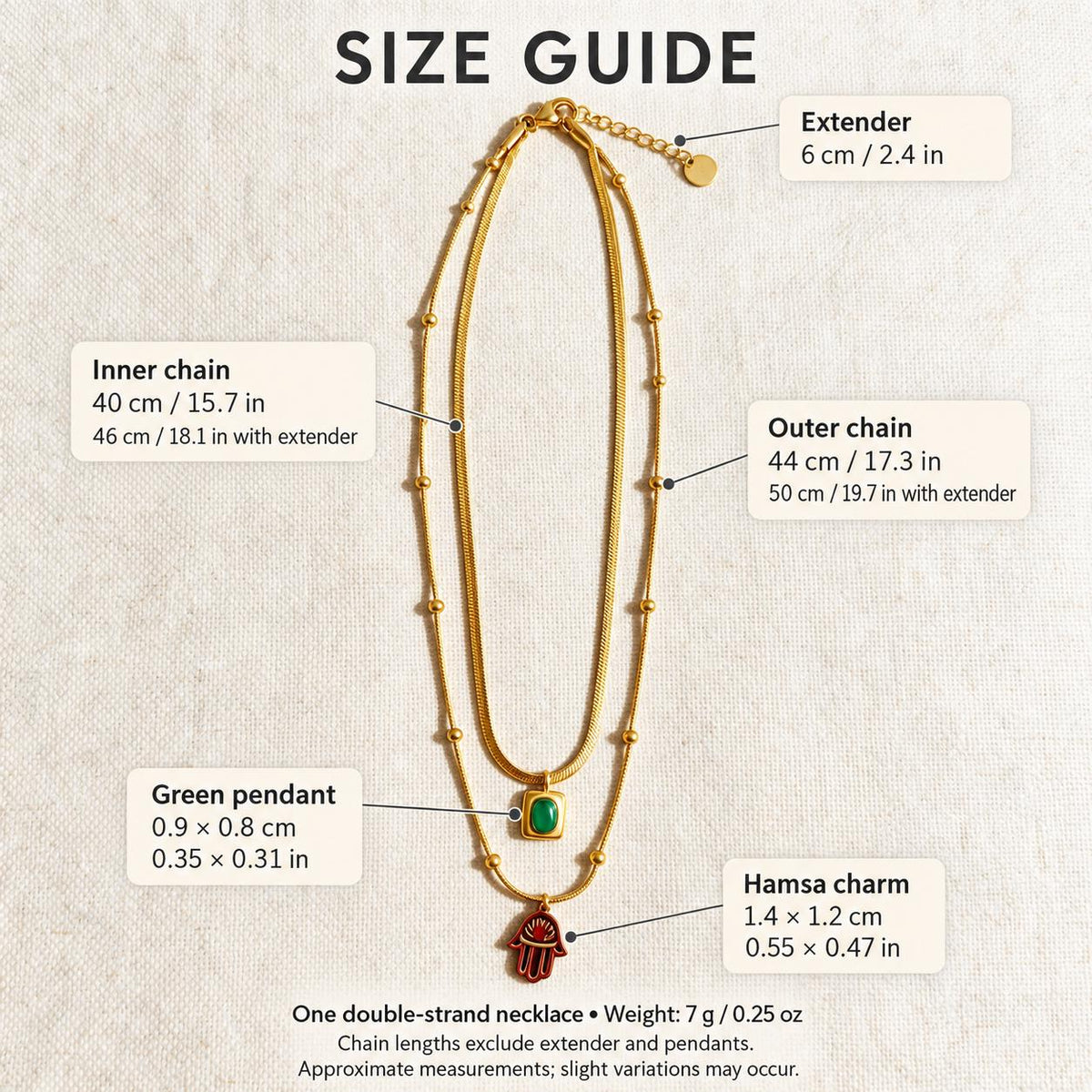 Layered Necklace Gold Tone, Snake Chain Green Pendant, Hamsa Charm Necklace, Boho Double Strand Gift for Her