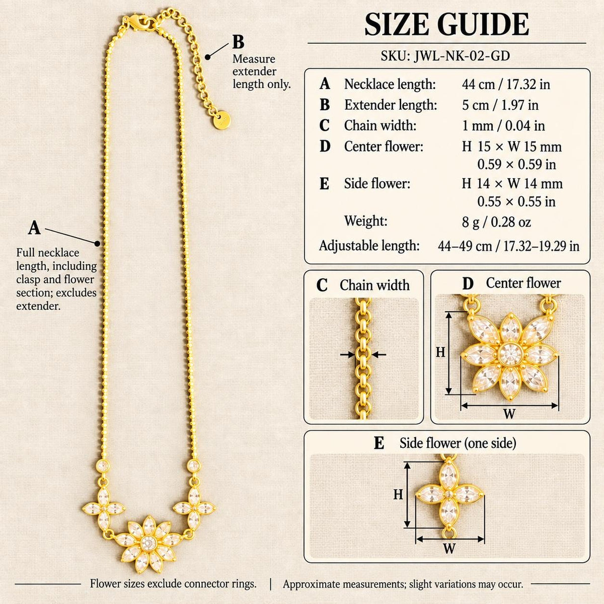 Three Flower Necklace, Gold Tone Stainless Steel, Adjustable Floral Charm Necklace