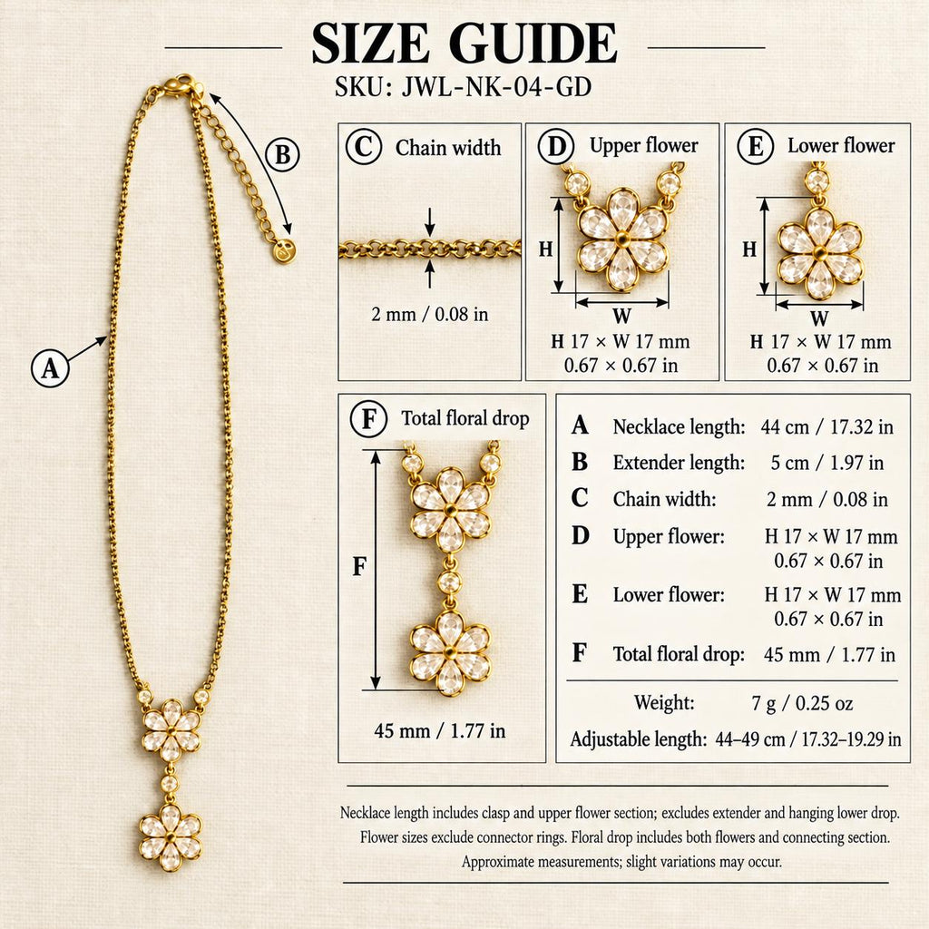 Gold Tone Double Flower Drop Necklace, 304 Stainless Steel, Adjustable Floral Pendant