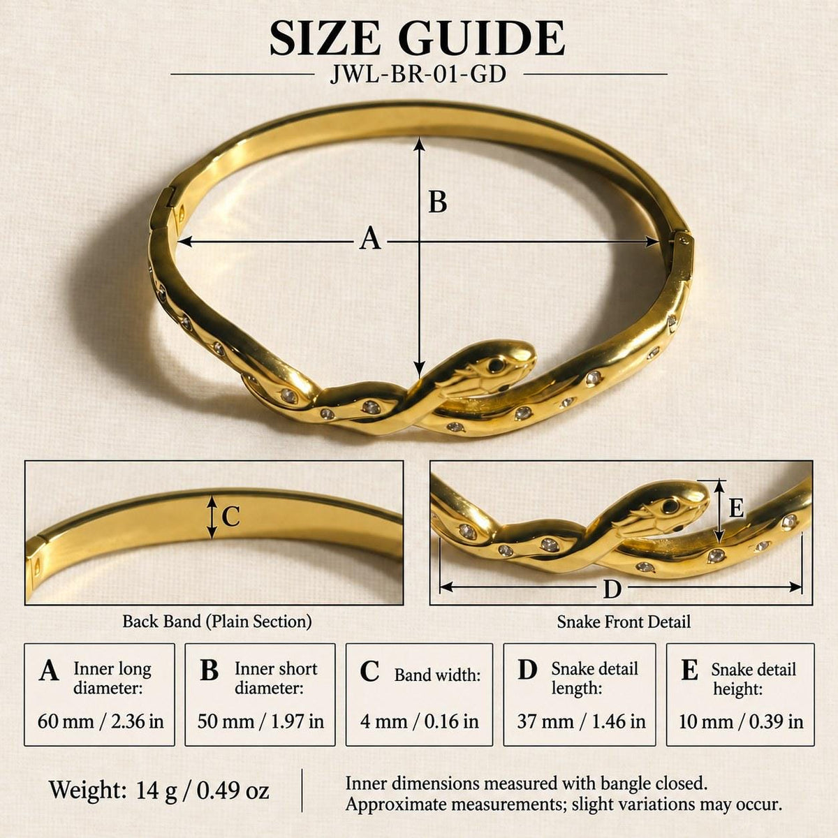 Gold Tone Hinged Snake Bangle Bracelet, 304 Stainless Steel, Oval Snake Design