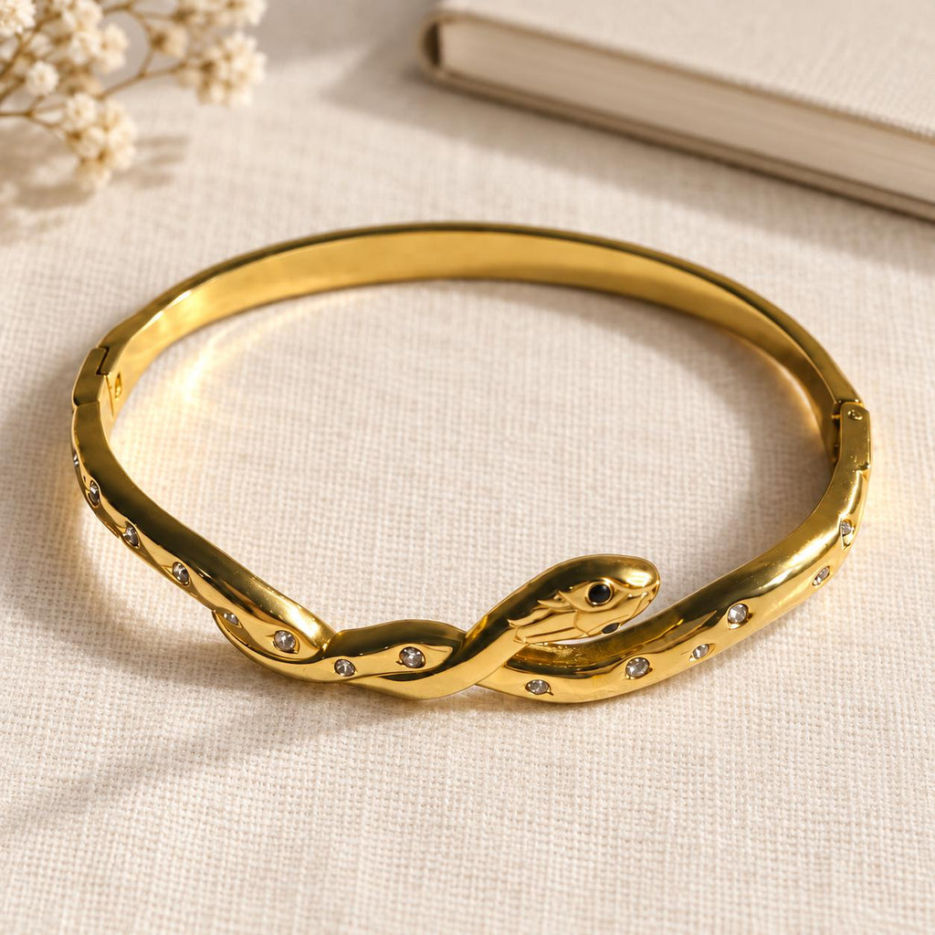 Gold Tone Hinged Snake Bangle Bracelet, 304 Stainless Steel, Oval Snake Design