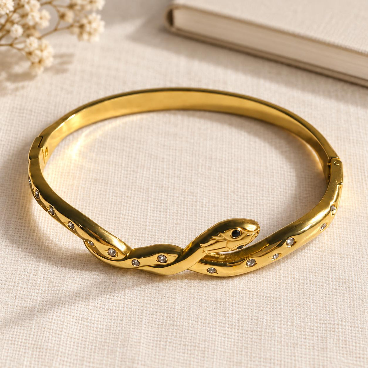 Gold Tone Hinged Snake Bangle Bracelet, 304 Stainless Steel, Oval Snake Design