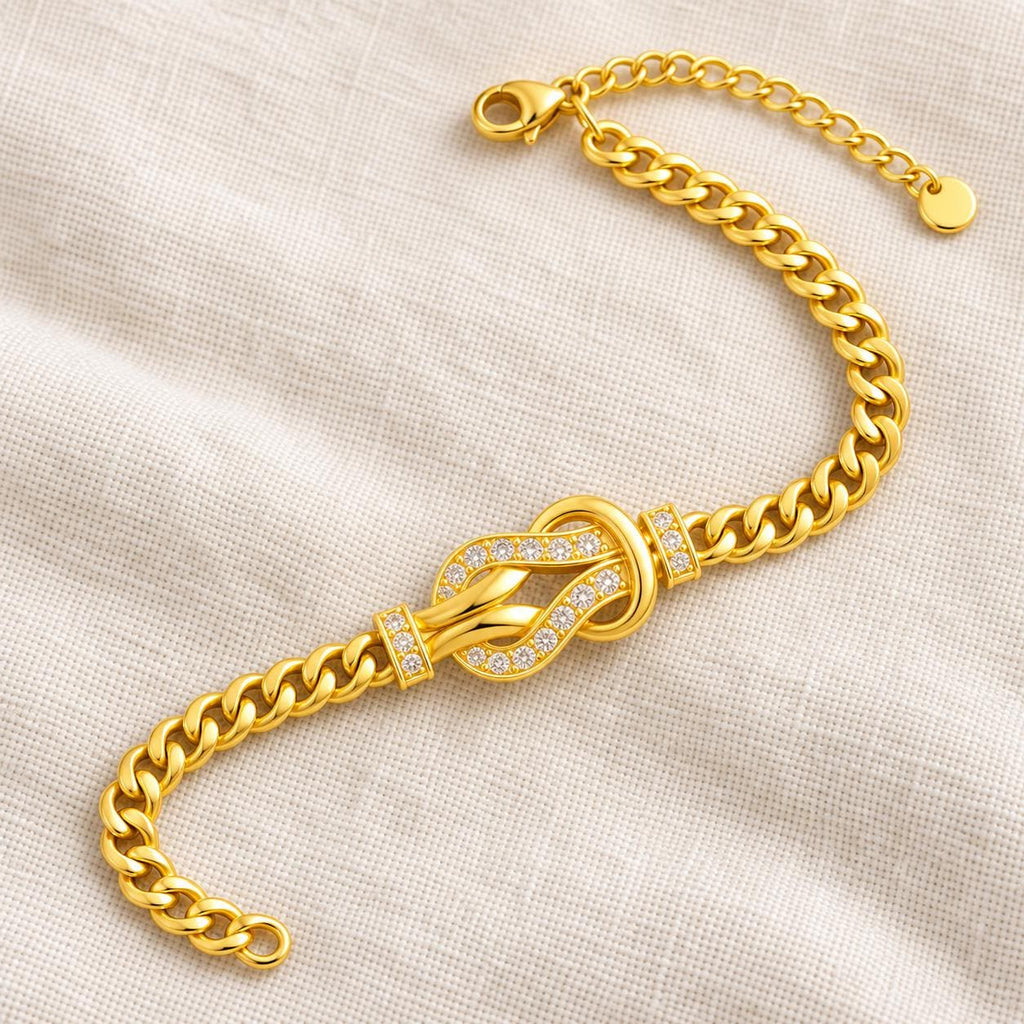 Gold Tone Interlocking Knot Bracelet, 304 Stainless Steel Curb Chain, Adjustable 17.6–22.1 cm