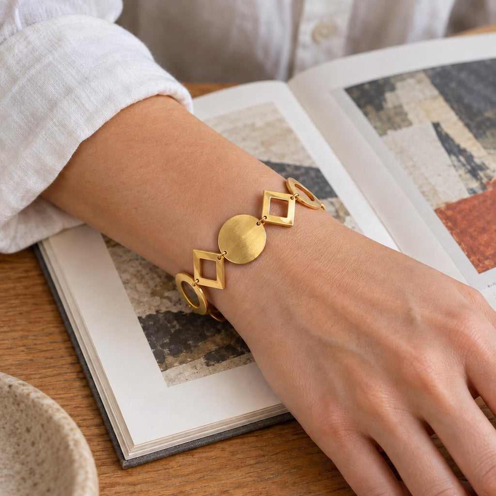 Geometric Disc & Open Link Bracelet, Gold Tone 304 Stainless Steel, 17–22 cm