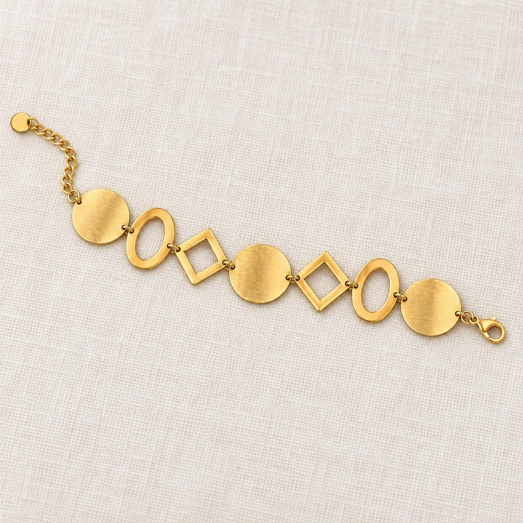 Geometric Disc & Open Link Bracelet, Gold Tone 304 Stainless Steel, 17–22 cm