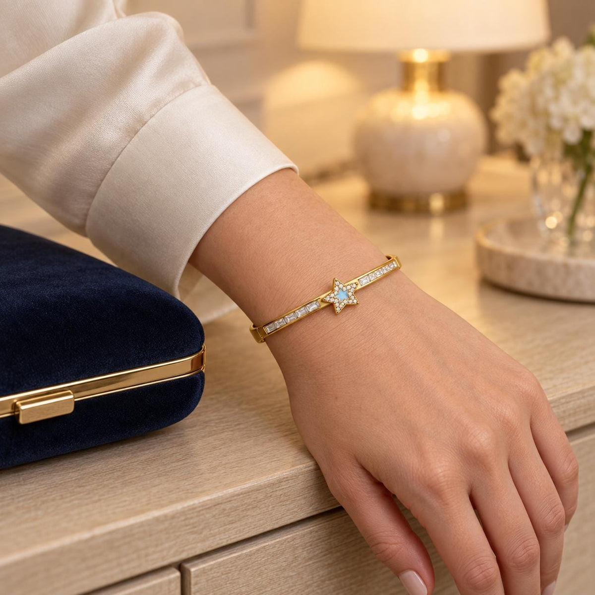 Gold Tone Hinged Star Bangle Bracelet, 304 Stainless Steel, Oval Design