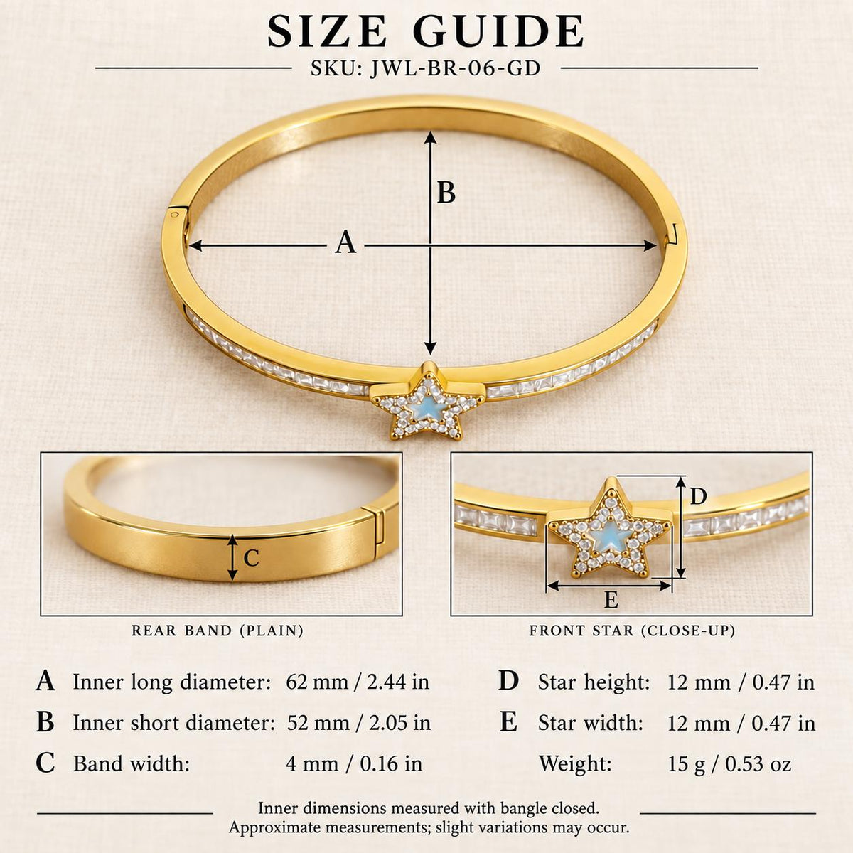 Gold Tone Hinged Star Bangle Bracelet, 304 Stainless Steel, Oval Design
