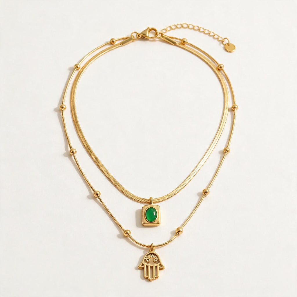 Layered Necklace Gold Tone, Snake Chain Green Pendant, Hamsa Charm Necklace, Boho Double Strand Gift for Her