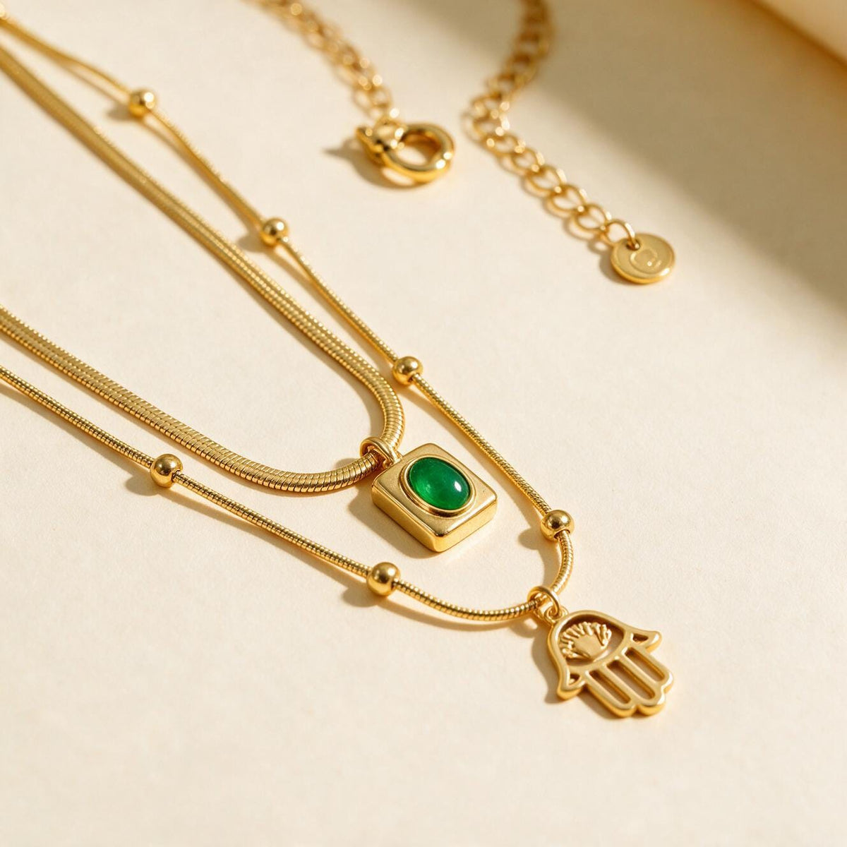 Layered Necklace Gold Tone, Snake Chain Green Pendant, Hamsa Charm Necklace, Boho Double Strand Gift for Her