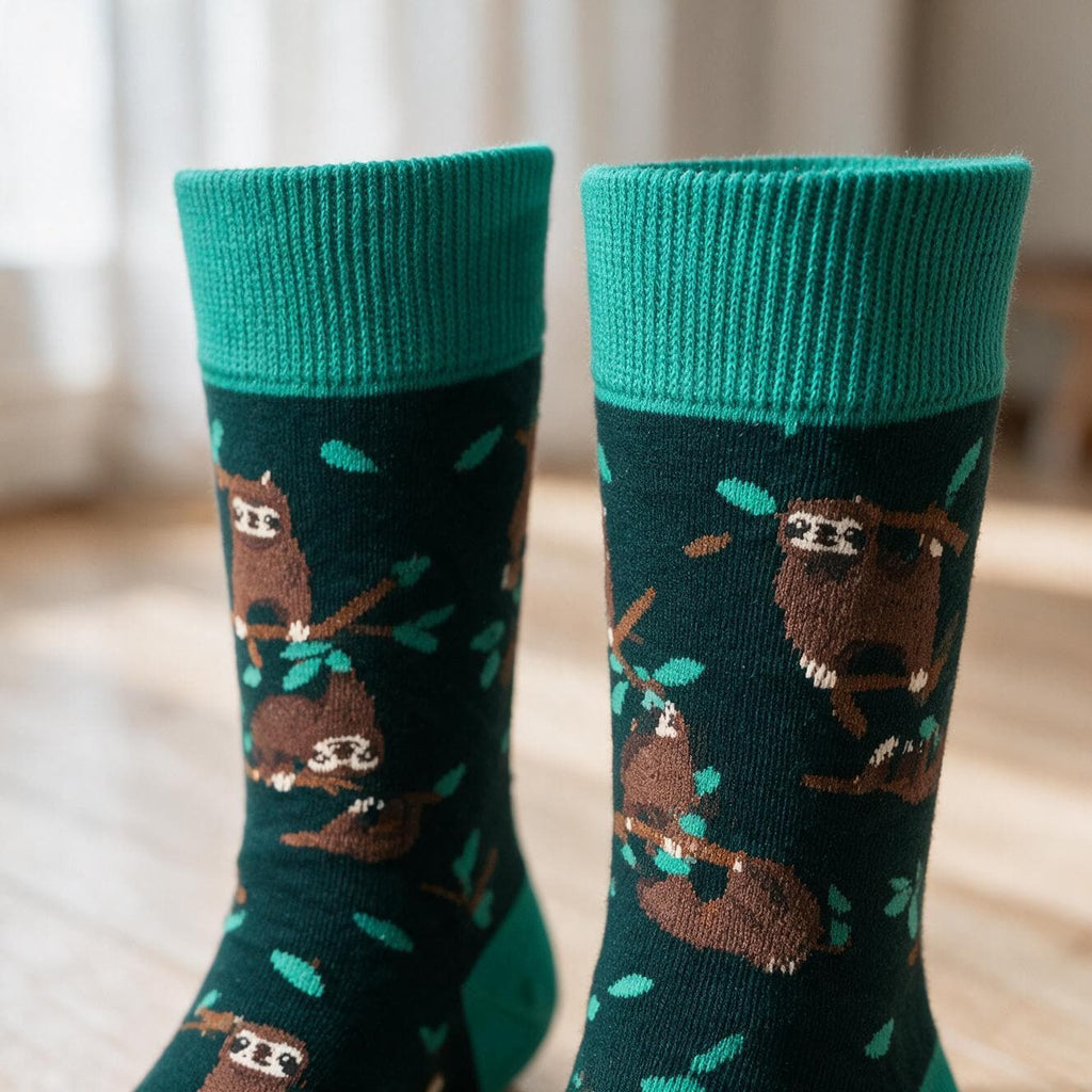 Sloth Print Crew Socks | Green & Teal Animal Pattern (One Size)