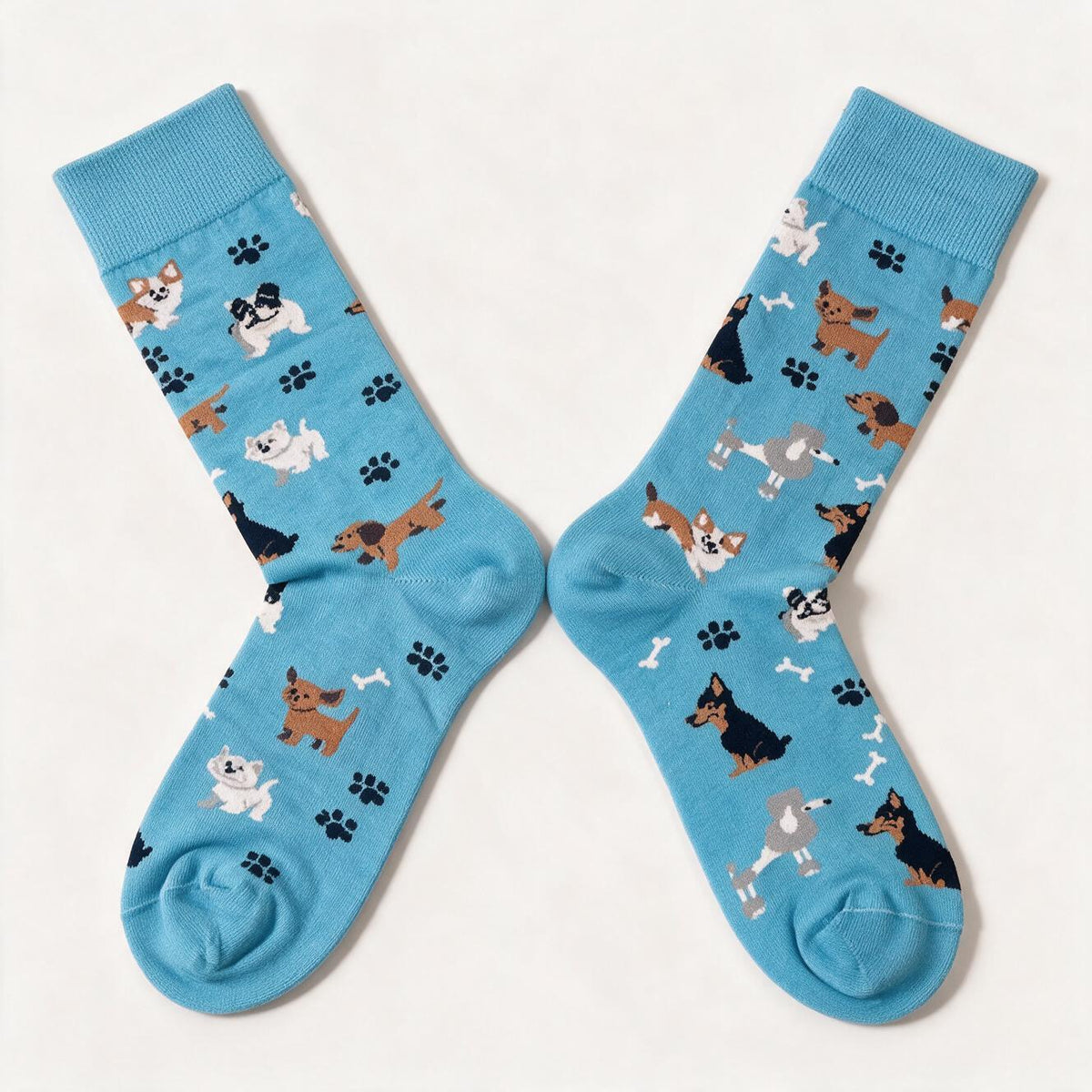 Sky Blue Puppy & Paw Print Crew Socks, Women's One Size