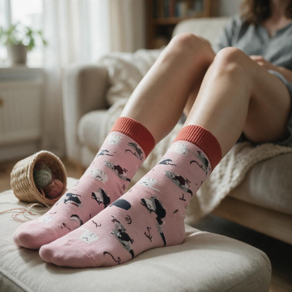 Pink Cat Print Crew Socks | Cotton Blend, Coral Cuff (One Size)