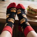 Cheeseburger Print Crew Socks for Men | Black & Red Novelty Burger Graphic Socks | Fun Food Print