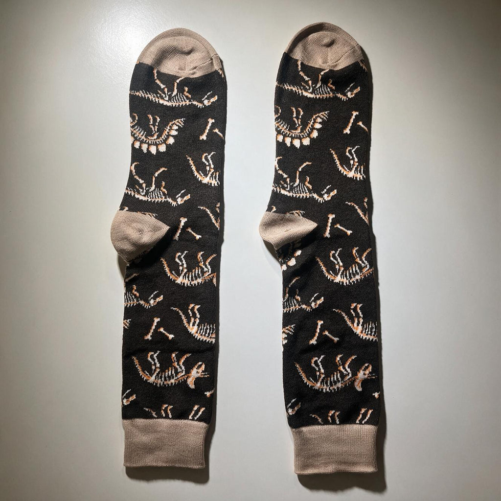 Dinosaur Fossil Print Crew Socks for Men | Brown Skeleton Bone Pattern | Fall Halloween Novelty Socks | One Size