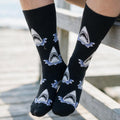 Shark Print Crew Socks | Black Novelty Socks with Toothy Shark Face Pattern | Unisex One Size Cotton Blend