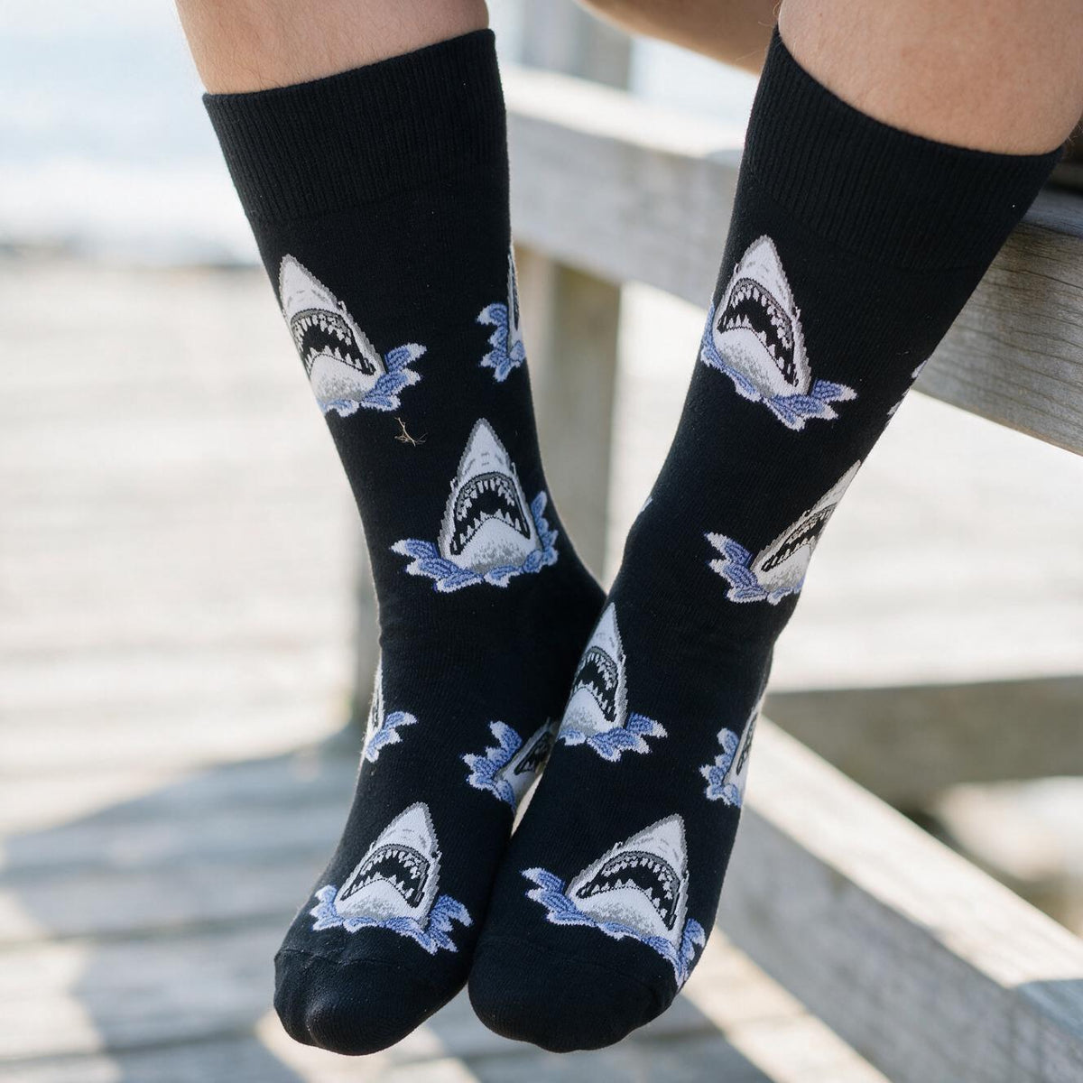 Shark Print Crew Socks | Black Novelty Socks with Toothy Shark Face Pattern | Unisex One Size Cotton Blend