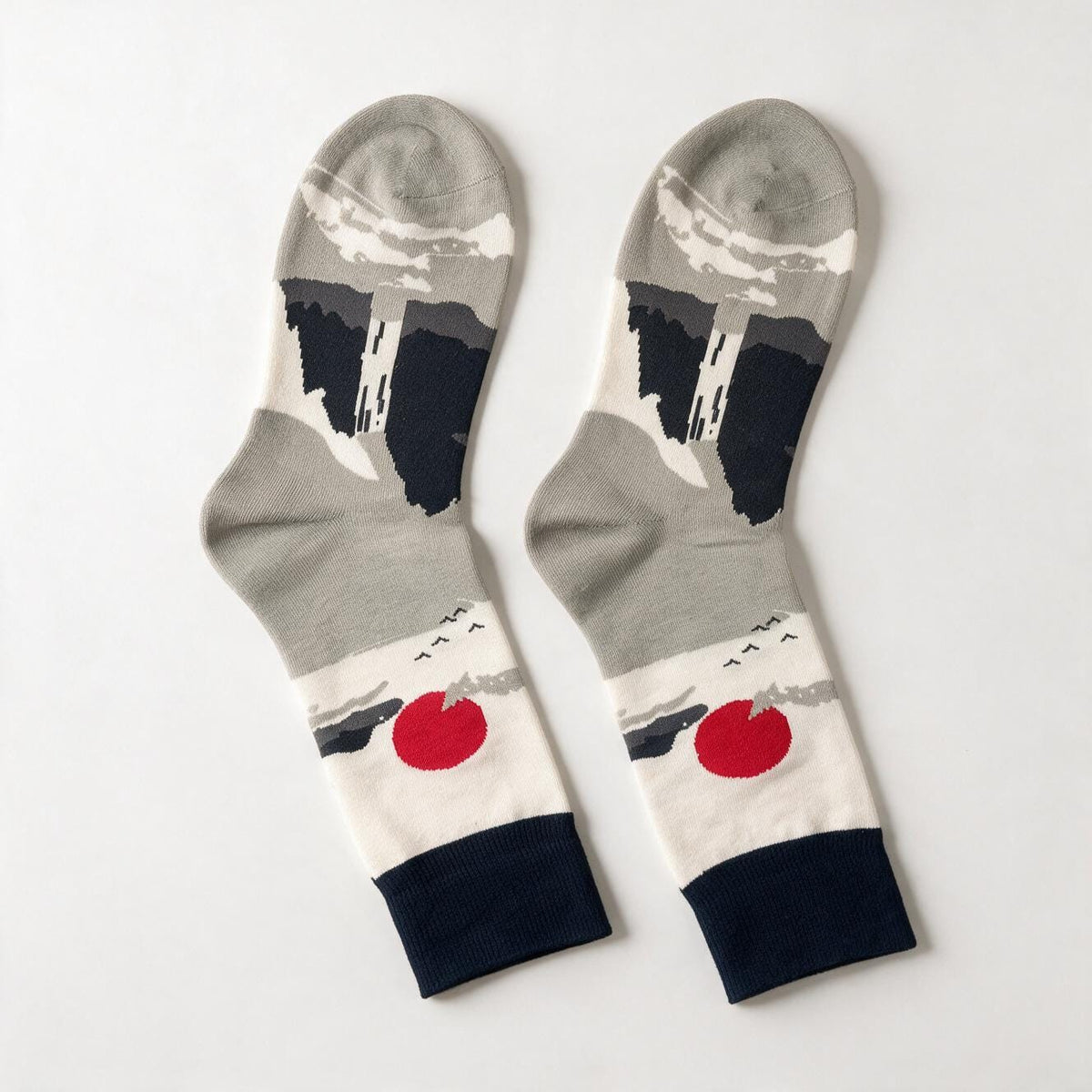 Japanese Mt. Fuji Sunrise Crew Socks | Grey Red Sun Novelty Socks | Unisex One Size Cotton Blend