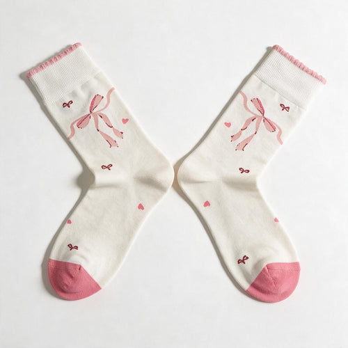 Bow & Heart Print Crew Socks - Ivory Pink Ribbon Bow Cotton Blend Socks, One Size Fits Most