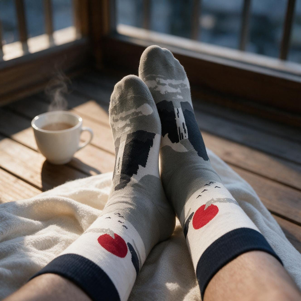 Japanese Mt. Fuji Sunrise Crew Socks | Grey Red Sun Novelty Socks | Unisex One Size Cotton Blend