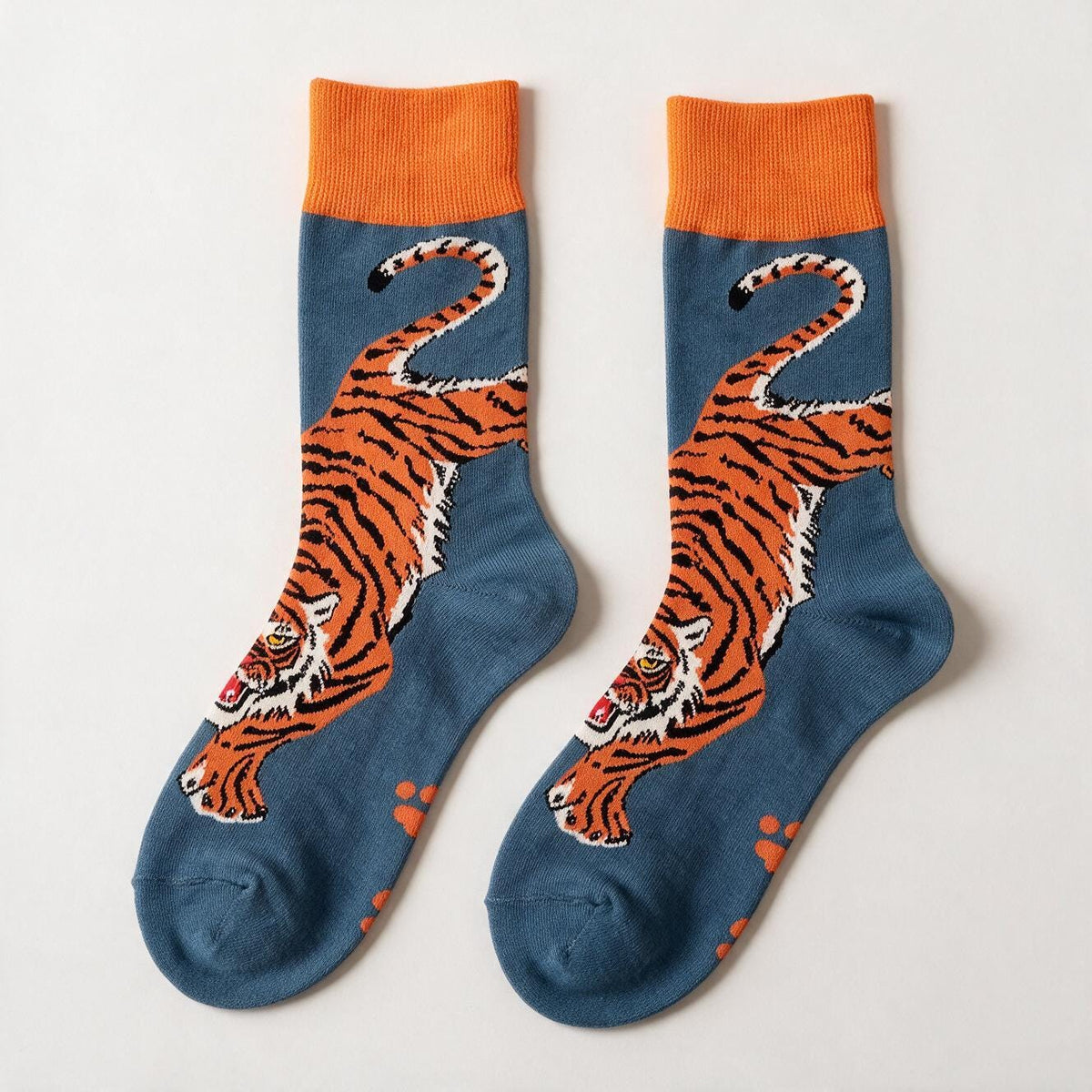 Tiger Print Crew Socks, Unisex Orange Cuff Sock, Wild Cat Design, One Size Fits Women's 5-10 Men's 4-9
