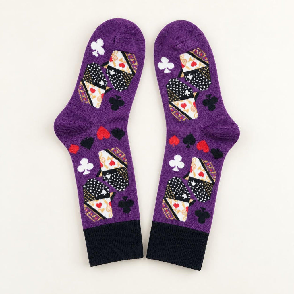 Purple Queen of Clubs Playing Card Socks | Unisex Crew Socks with Suit Symbols | One Size Fits Most