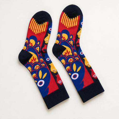 Colorful Fish Print Crew Socks, Red Blue Yellow Scale Pattern, Unisex Cotton Blend