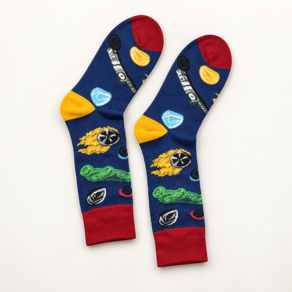 Racing Car Crew Socks, Navy Red Yellow Motorsport Pattern, Unisex Cotton Blend, One Size