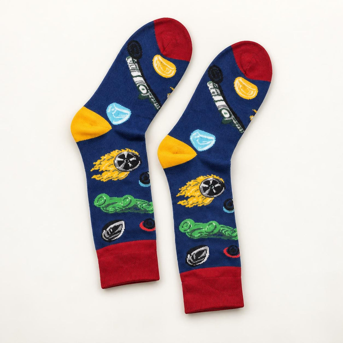 Racing Car Crew Socks, Navy Red Yellow Motorsport Pattern, Unisex Cotton Blend, One Size
