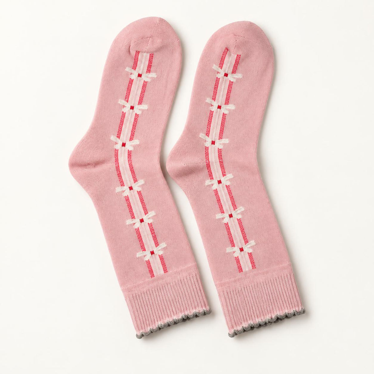 Pink Bow Stripe Crew Socks, Cotton Blend, Unisex One Size Fits Most